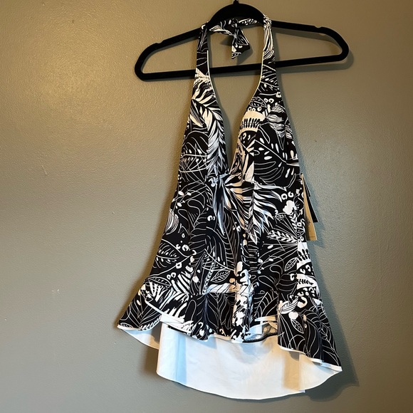 NWT Profile by Gottex Sz 14 Black White Padded Halter Tankini Swimsuit Top $98! - Picture 2 of 13
